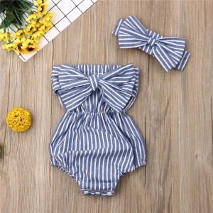 Newborn Baby Girl Bow Striped Bodysuit Jumpsuit Headband 2Pcs Toddler Kids Summer Outfit Rompers Playsuit Cotton Holiday Sunsuit