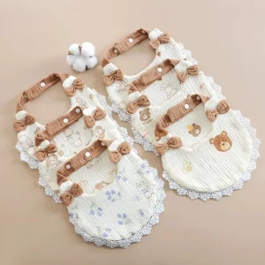 Newborn Girls Adorable Drool Bibs Ins Trendy Soft Cotton Muslin Bandana with Delicate Lace Bow Design
