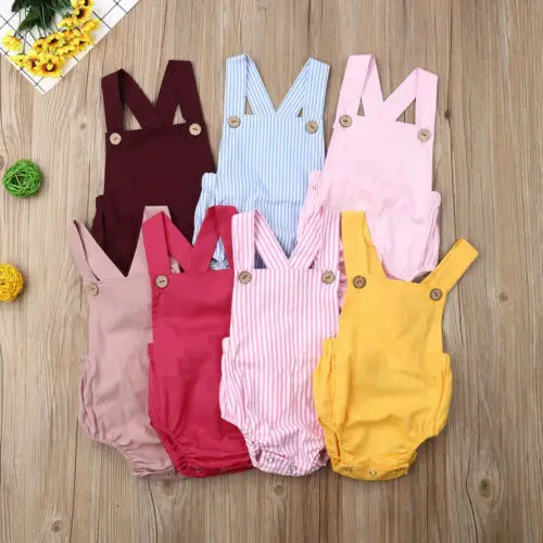 Newborn Infant Baby Boy Girl Playsuit Summer Button Jumpsuit Striped Casual Sleeveless Backless Solid Outfits Clothes - Image 2