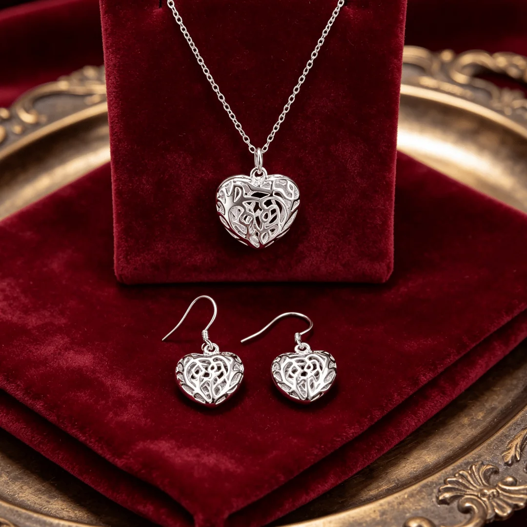 Noble 925 Sterling Silver Stunning Hollow Heart Necklaces Earrings for Women Fashion Jewelry Sets Boutique Accessories Gifts