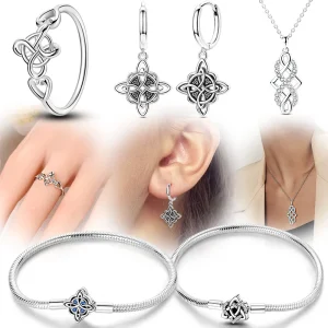 Original 925 Sterling Silver Celtic Knot Series Earring Bracelet Ring Necklace for Women Party Wedding Fine Jewelry Set Gift