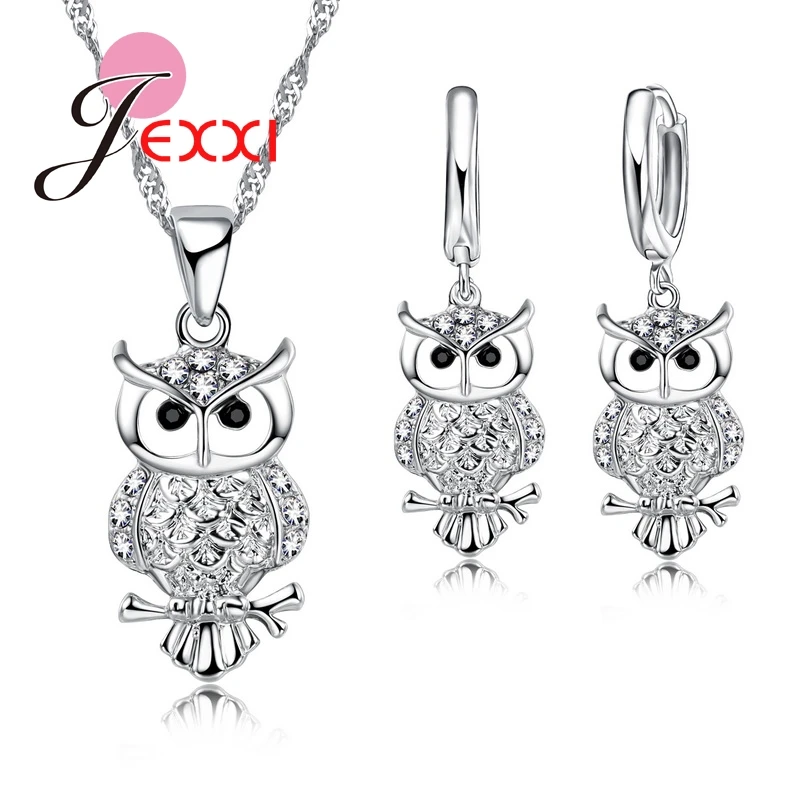 Owl Pretty Shape 925 Sterling Silver Fashion Jewelry Set With AAA+ Cubic Zirconia Women Necklace & Earrings & Pendant