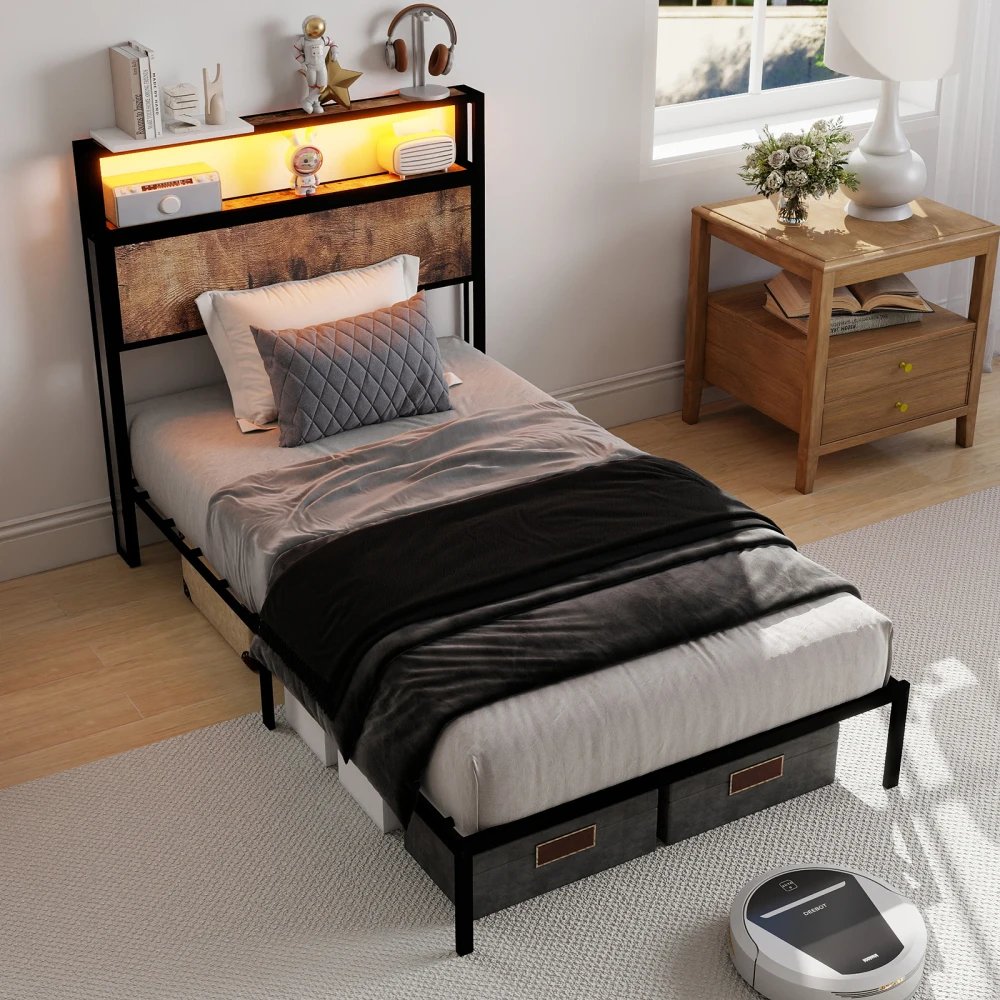 PINGGO 90cm Single Bed Frame with LED Lights & Headboard Storage - Image 2
