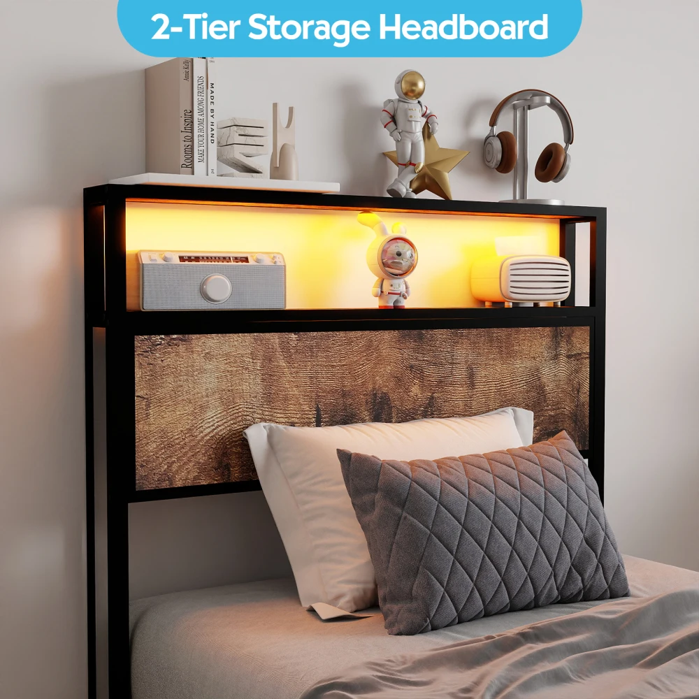 PINGGO 90cm Single Bed Frame with LED Lights & Headboard Storage - Image 3