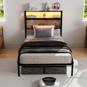 PINGGO 90cm Single Bed Frame with LED Lights & Headboard Storage