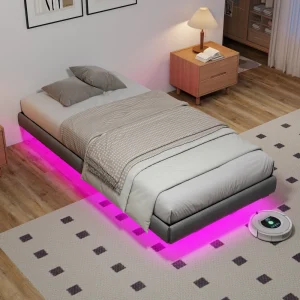 PINGGO Grey Floating Single Bed Frame with LED Lights, Metal Platform Bed with Underbed Storage, Heavy Duty Steel Slats, No Box Spring Needed, Noise Free & Easy Assembly