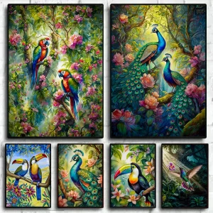 Peacock Toucan in Jungle Wall Art Canvas Painting Pictures for Living Room Home Decor Birds Fantasy Poster Prints Parrots