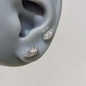Personality Shiny Zircon Angel Wings Stud Earrings for Women Men Couple Multiple Ear Holes Fold Wear Ear Bone Stud Jewelry Gifts