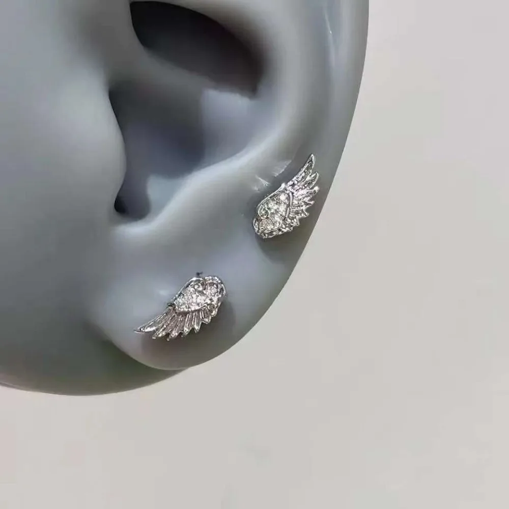 Personality Shiny Zircon Angel Wings Stud Earrings for Women Men Couple Multiple Ear Holes Fold Wear Ear Bone Stud Jewelry Gifts