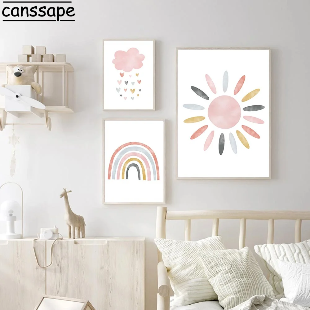 Pink Canvas Painting Rainbow Love Art Prints Sun Clouds Wall Posters Nursery Poster Nordic Wall Pictures Baby Girls Room Decor - Image 2
