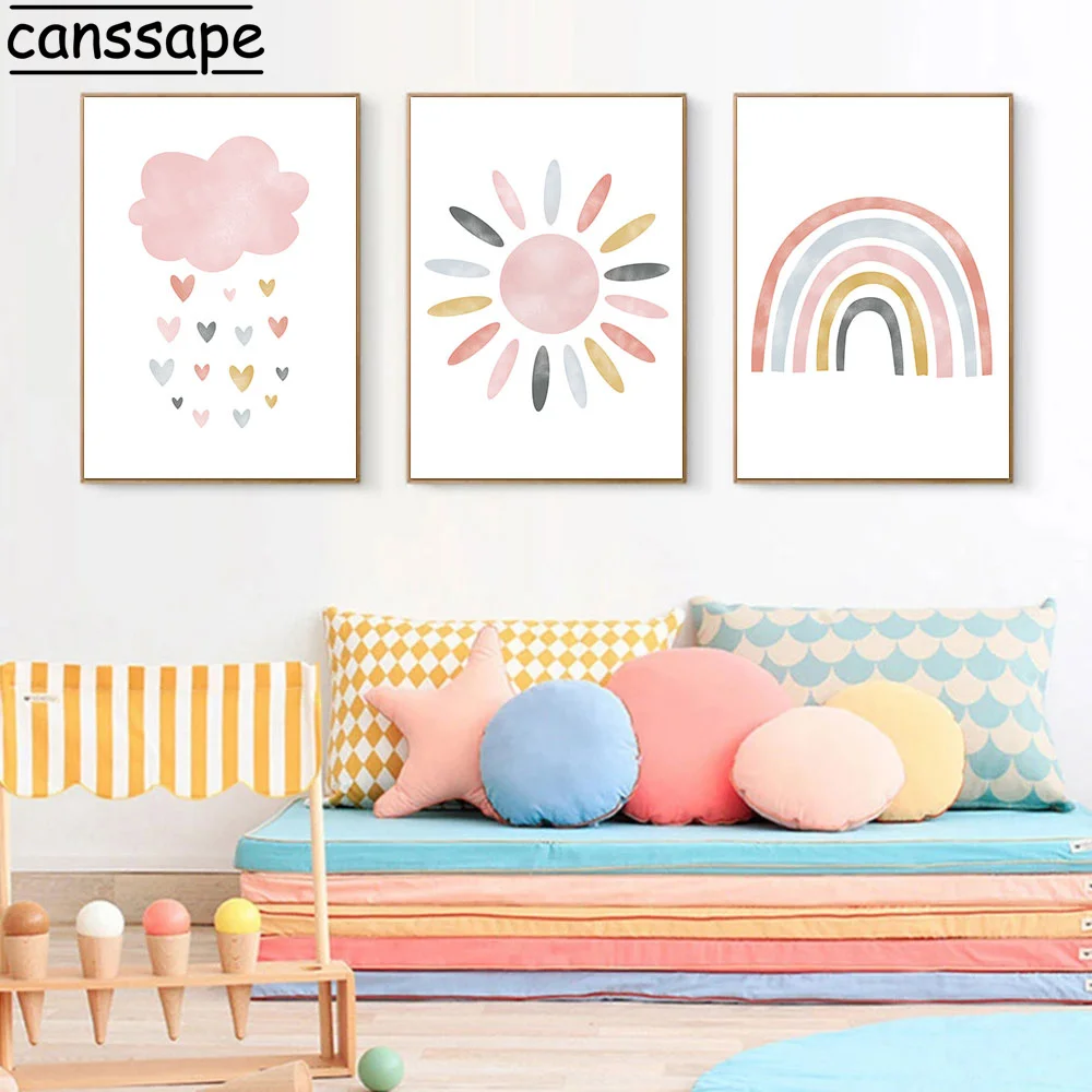 Pink Canvas Painting Rainbow Love Art Prints Sun Clouds Wall Posters Nursery Poster Nordic Wall Pictures Baby Girls Room Decor - Image 3