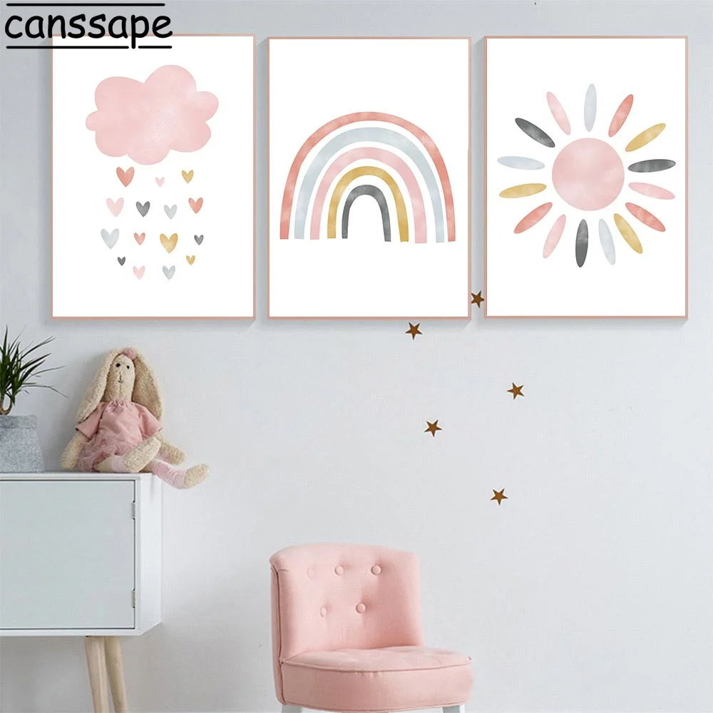 Pink Canvas Painting Rainbow Love Art Prints Sun Clouds Wall Posters Nursery Poster Nordic Wall Pictures Baby Girls Room Decor - Image 4