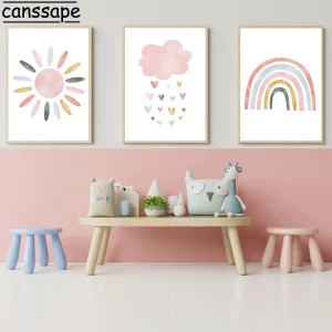 Pink Canvas Painting Rainbow Love Art Prints Sun Clouds Wall Posters Nursery Poster Nordic Wall Pictures Baby Girls Room Decor