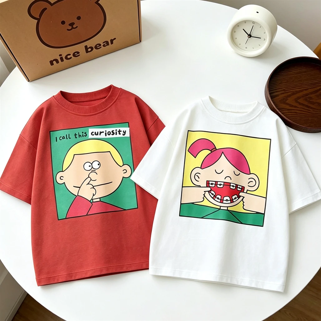 Printing Tshirt Fashion Casual Clothes Baby Boys Cartoon Printed Tees Kids Crewneck Pullovers Pure Cotton Tshirt Short Sleeve