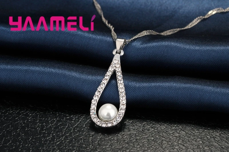 Pure 925 Sterling Silver Shiny CZ Crystal Water Drop Pearl Necklaces Pendant Chain Earrings Woman Fine Wedding Jewelry Set Gift - Image 2
