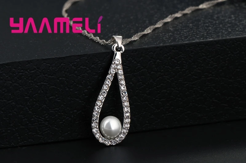 Pure 925 Sterling Silver Shiny CZ Crystal Water Drop Pearl Necklaces Pendant Chain Earrings Woman Fine Wedding Jewelry Set Gift - Image 3