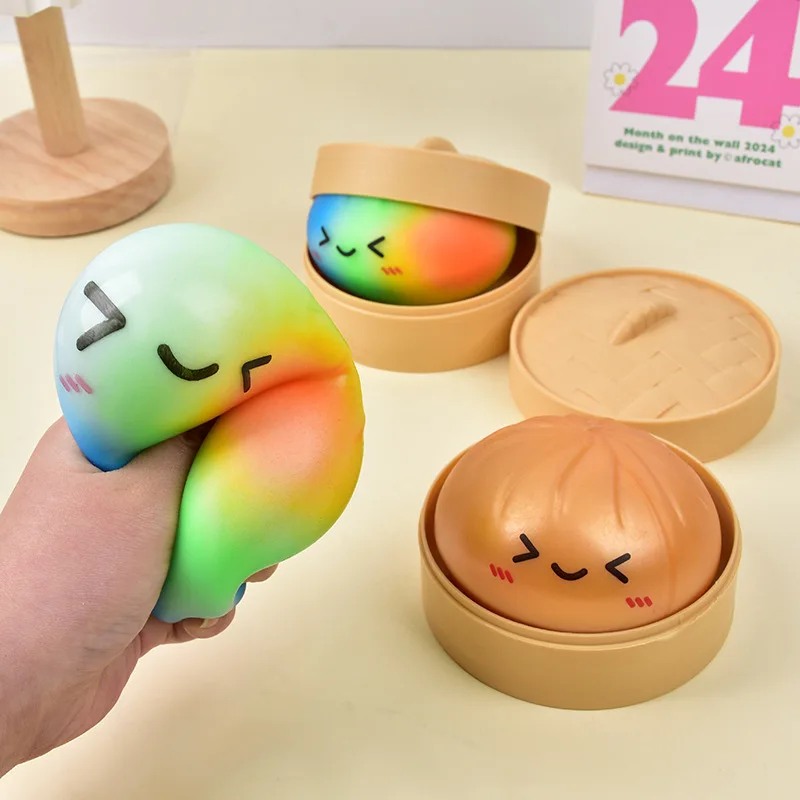Rainbow Color Dumpling Squishy Toy with Bamboo Slow Rising Stress Relief Fidget Ball Soft Squeeze Toys for Adults & Kids - Image 2
