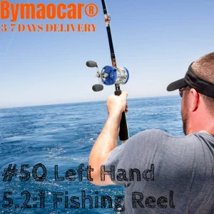 Reel Model #50 Left Hand Retrieve Gear Ratio 5.2:1 Round Baitcasting Conventional for Catfish, Tuna, Inshore Saltwater Fishing