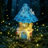 Resin Fairy Treehouse Solar Garden Light Waterproof Outdoor Blue Mushroom House Decor with Warm LED for Patio Courtyard Lawn