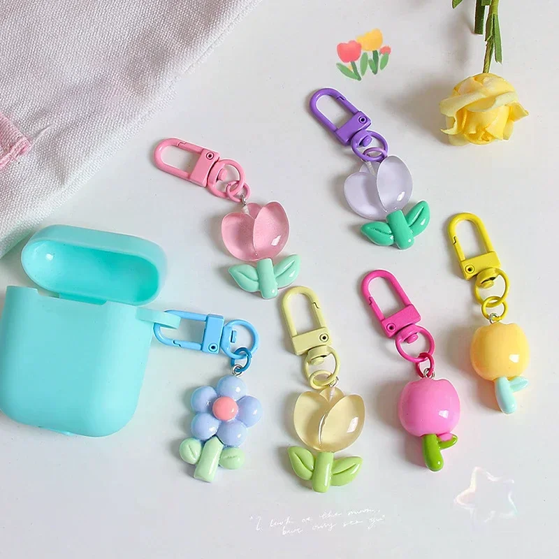Resin Tulip Keychain Pendant Flower Girl Heart Cute Bag Ornament Headphone Key Case Decoration - Image 2