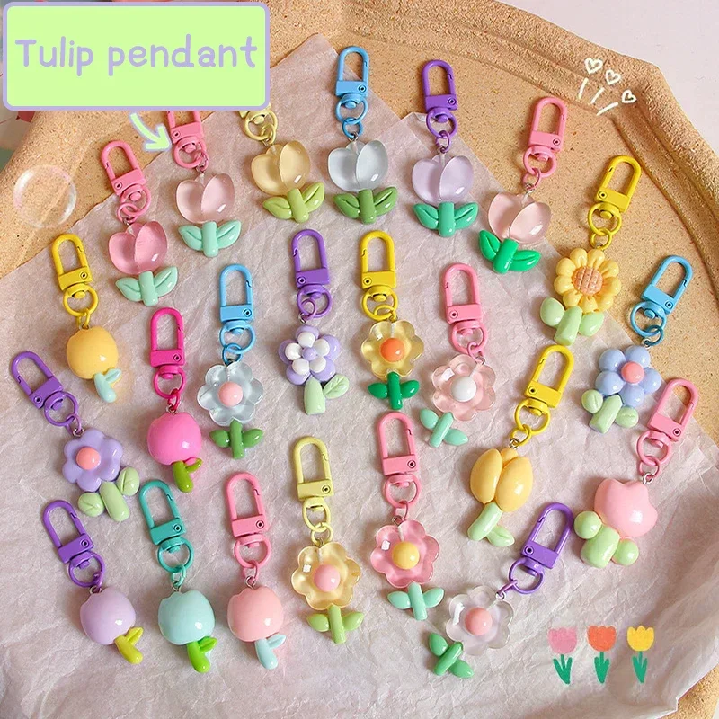 Resin Tulip Keychain Pendant Flower Girl Heart Cute Bag Ornament Headphone Key Case Decoration - Image 3
