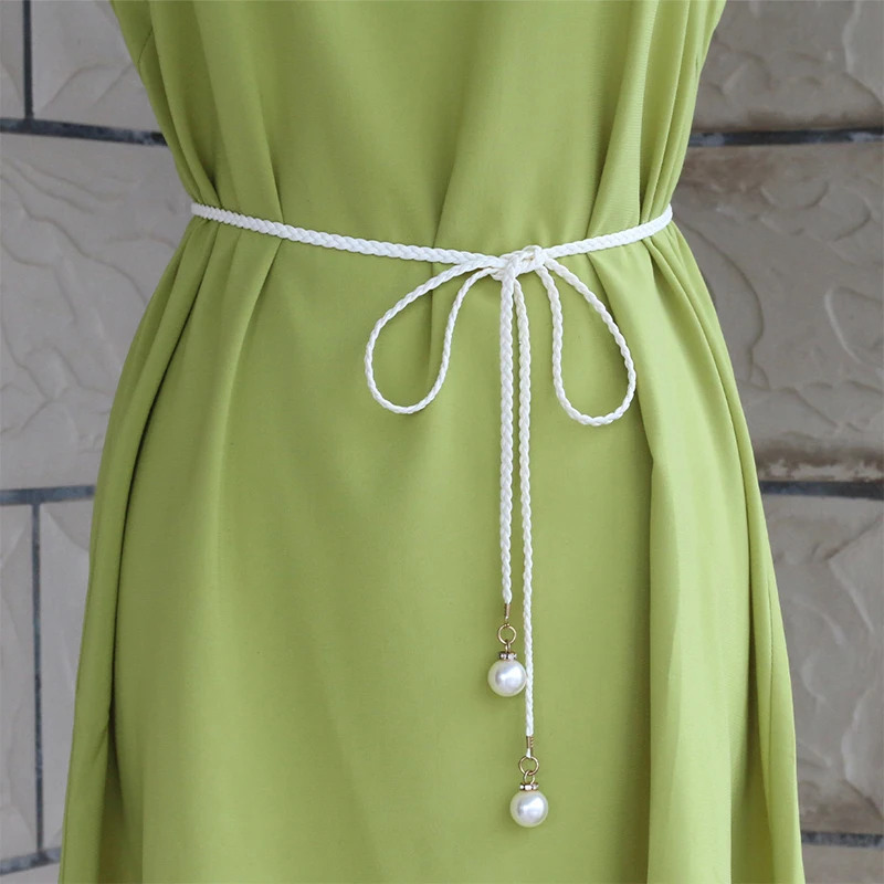 Retro PU Braided Pearl Belt Waist Chain Versatile Women Leather Rope Waistband Waist Rope Jeans Dresses Clothing Accessories - Image 4