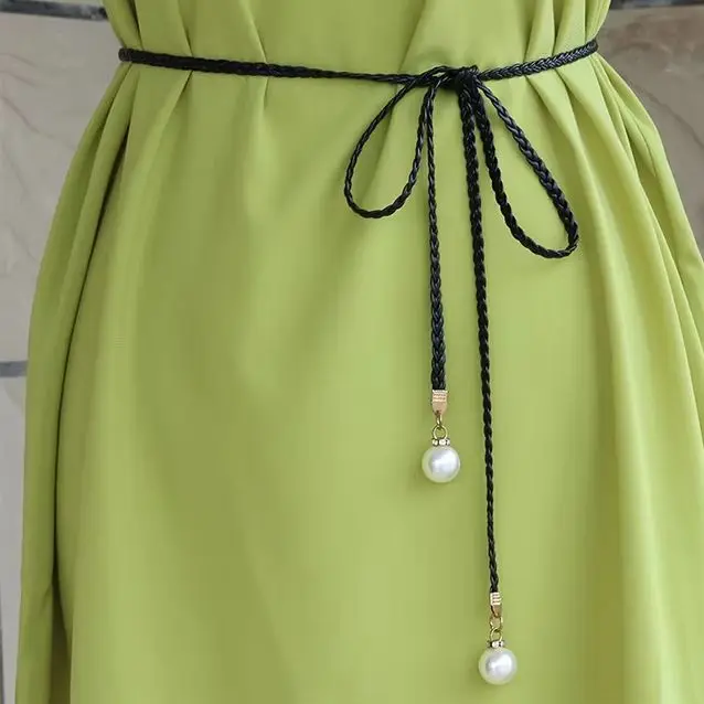 Retro PU Braided Pearl Belt Waist Chain Versatile Women Leather Rope Waistband Waist Rope Jeans Dresses Clothing Accessories