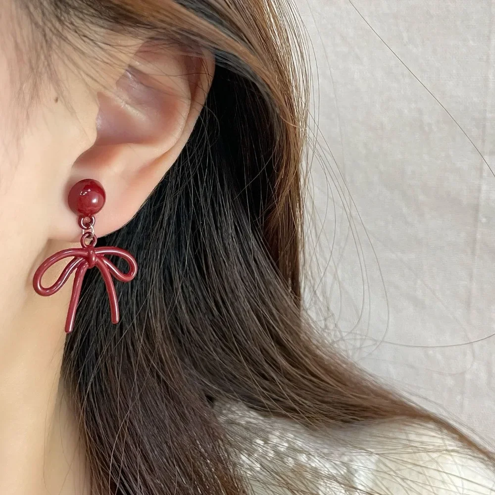 Retro Style Red Bowknot Stud Earrings for Women Girls Simple Earings Piercing Ballet Ribbon Aesthetics Elegant Ear Jewelry Gifts - Image 4