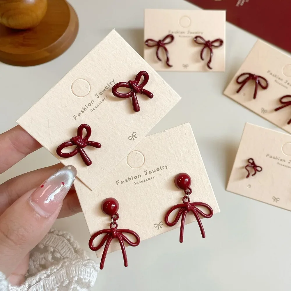 Retro Style Red Bowknot Stud Earrings for Women Girls Simple Earings Piercing Ballet Ribbon Aesthetics Elegant Ear Jewelry Gifts - Image 3