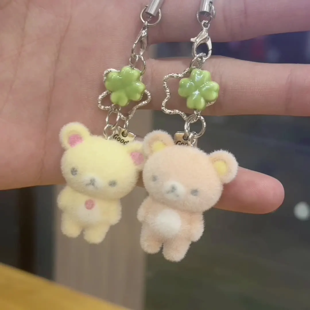Rilakkuma Cute Flocking Little Bear Keychain Cartoon Resin Animals Charms Girl Keyring Carbag Purse Phones Key Ring Gift - Image 2