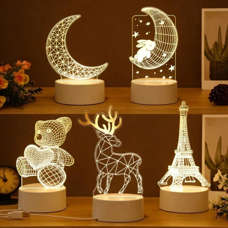 Romantic 3D Acrylic LED Lamp for Wedding Decoration USB Plug Home Night Light Birthday Party Holiday Bedside Secretaire Lamp