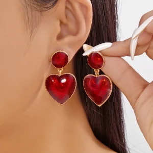 Romantic Red Love Heart Shape Stud Earrings for Women Gold Color Heart Pendant Earrings Party Wedding Charm Jewelry Gifts