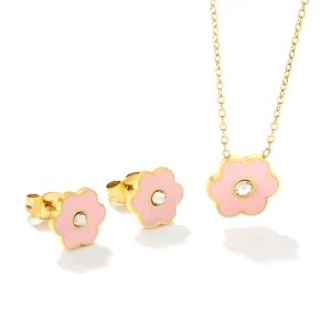 Round Shaped Pendants Necklace Earring Sets White Cubic Zirconia For Women Girl Stainless Steel Shiny Designed Jewelry Set Gifts