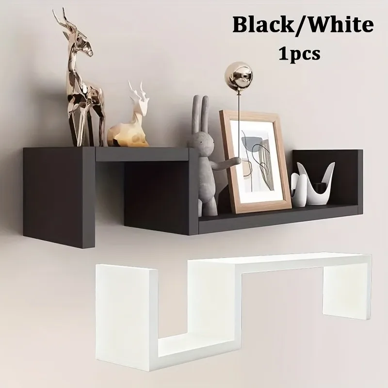 S-Shaped Floating Wall Shelf Black/White Modern Minimalist Floating Bookcase Wall-Mounted Storage Shelf Room Office Home Decor - Image 2