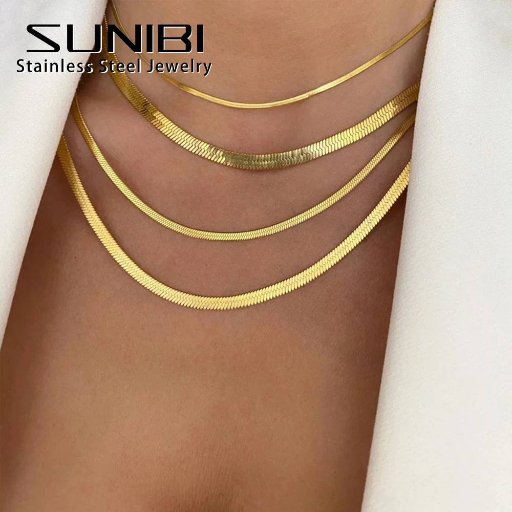 SUNIBI Stainless Steel Snake Chain Necklace for Woman Gifts Choker Herringbone Gold Color Necklaces Women Jewelry Wholesale - Image 3