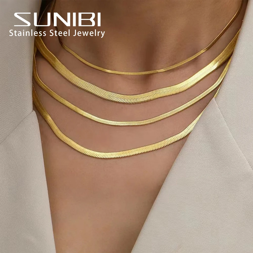 SUNIBI Stainless Steel Snake Chain Necklace for Woman Gifts Choker Herringbone Gold Color Necklaces Women Jewelry Wholesale