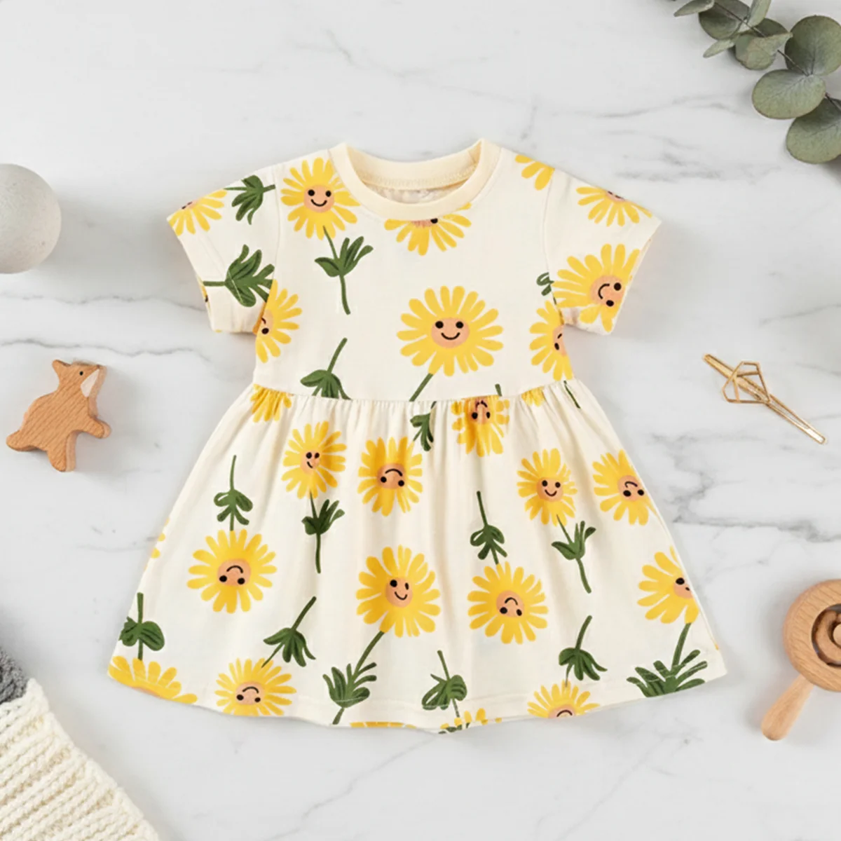 Sanlutoz Baby Girls Cute Summer Printing Dresses Casual Children Floral Clothing Cotton