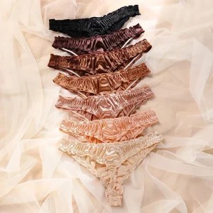 Sexy Ruffle Ladies Frill Trim Satin 100% Ice Silk Seamless No Show Underwear Invisible Briefs Tanga Bragas Women's Panties Трусы