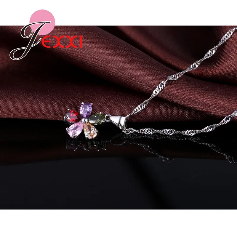 Shinning Colorful Flower Zircon Pendant Necklace Hoop Earring Set Trendy 925 Sterling Silver Jewelry Sets for Wedding Party Gift - Image 2