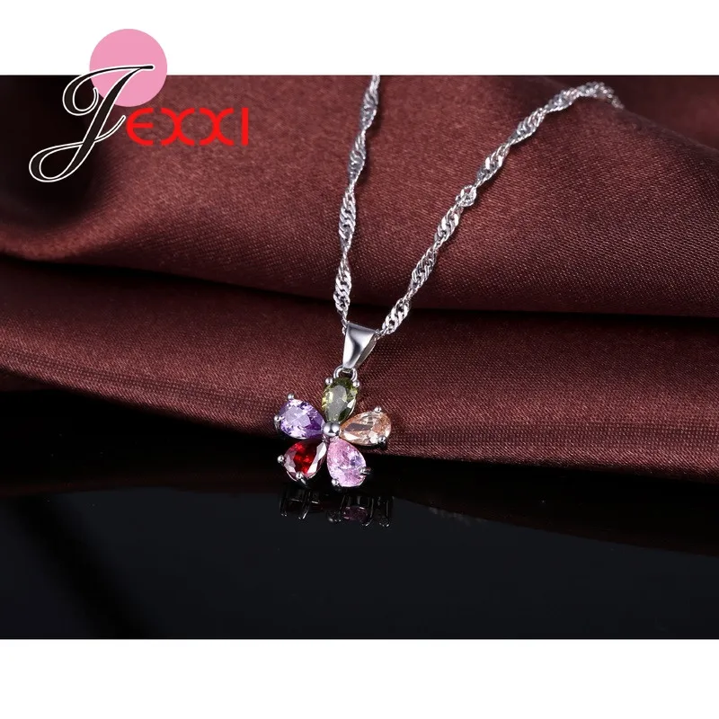 Shinning Colorful Flower Zircon Pendant Necklace Hoop Earring Set Trendy 925 Sterling Silver Jewelry Sets for Wedding Party Gift - Image 6