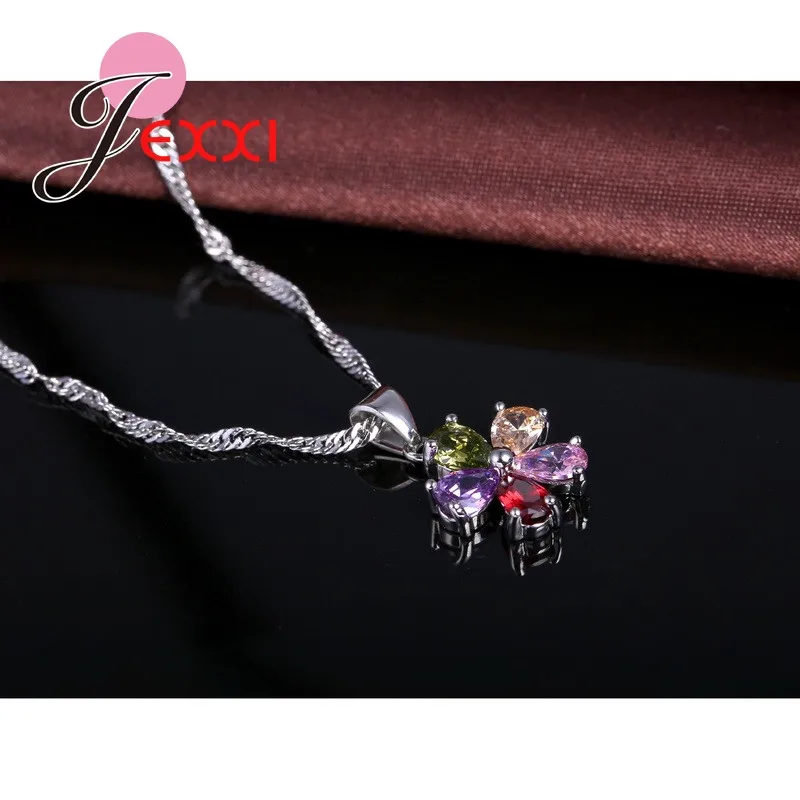 Shinning Colorful Flower Zircon Pendant Necklace Hoop Earring Set Trendy 925 Sterling Silver Jewelry Sets for Wedding Party Gift - Image 3