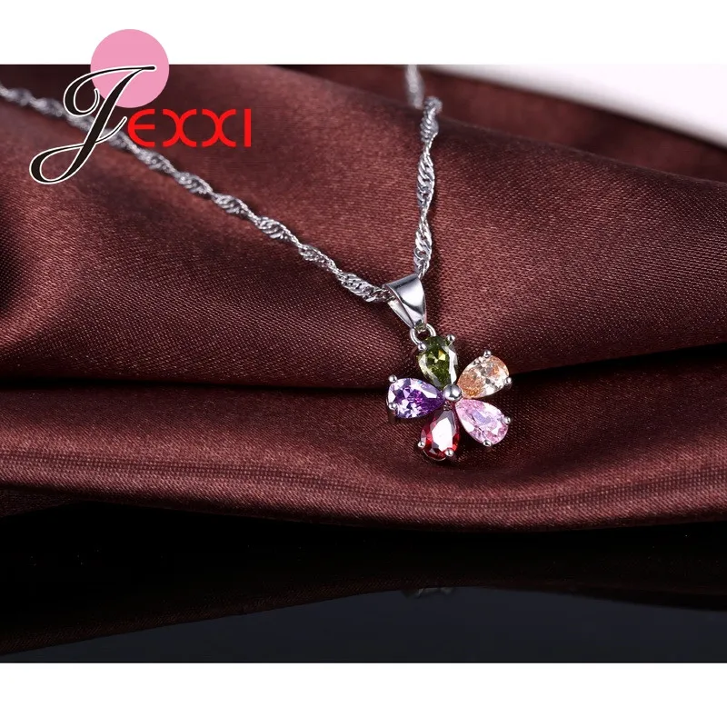 Shinning Colorful Flower Zircon Pendant Necklace Hoop Earring Set Trendy 925 Sterling Silver Jewelry Sets for Wedding Party Gift - Image 4