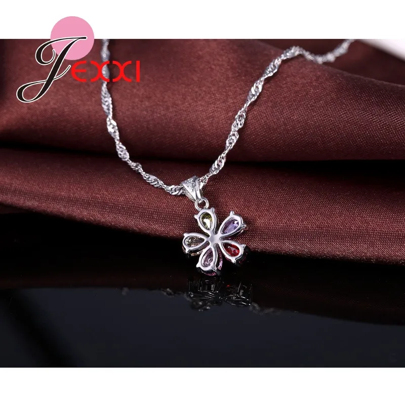 Shinning Colorful Flower Zircon Pendant Necklace Hoop Earring Set Trendy 925 Sterling Silver Jewelry Sets for Wedding Party Gift - Image 5