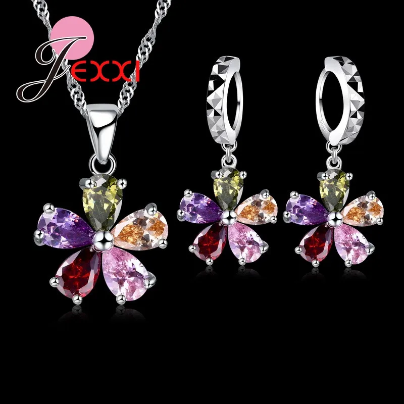 Shinning Colorful Flower Zircon Pendant Necklace Hoop Earring Set Trendy 925 Sterling Silver Jewelry Sets for Wedding Party Gift