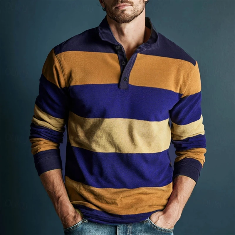 Simple Casual Striped Long Sleeve Polo Shirts For Men Fashion Business 3D Printed Daily Wear Polo Shirt Loose Breathable Tops - Image 5