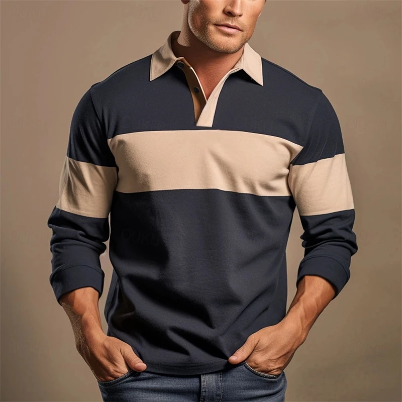 Simple Casual Striped Long Sleeve Polo Shirts For Men Fashion Business 3D Printed Daily Wear Polo Shirt Loose Breathable Tops - Image 4