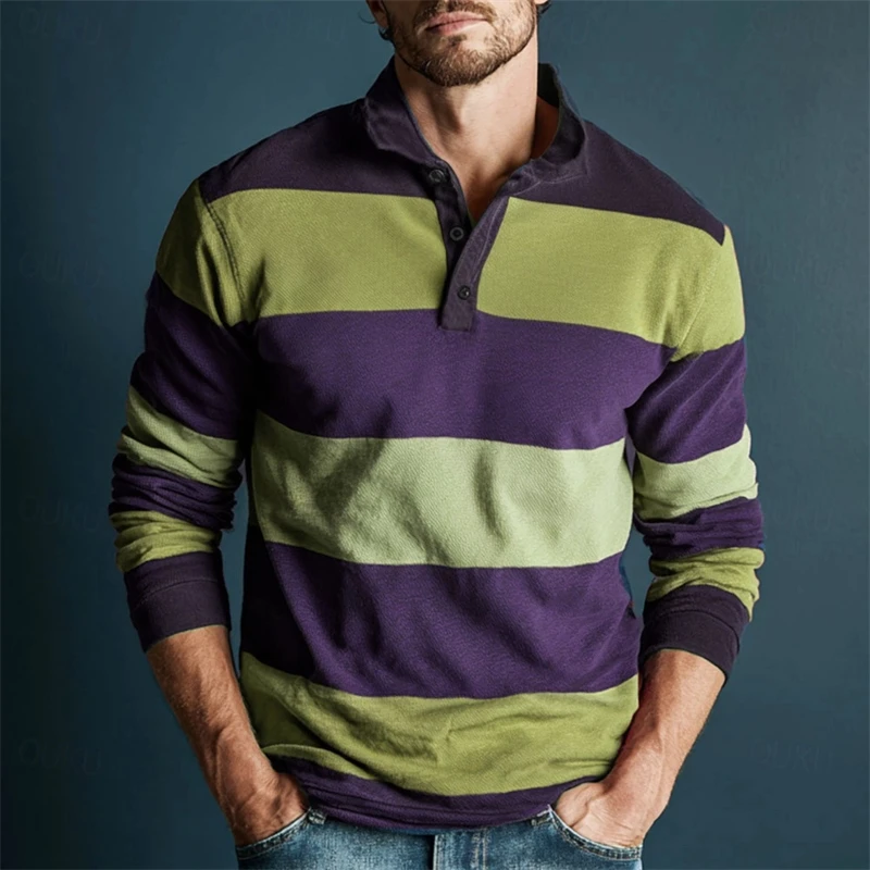 Simple Casual Striped Long Sleeve Polo Shirts For Men Fashion Business 3D Printed Daily Wear Polo Shirt Loose Breathable Tops