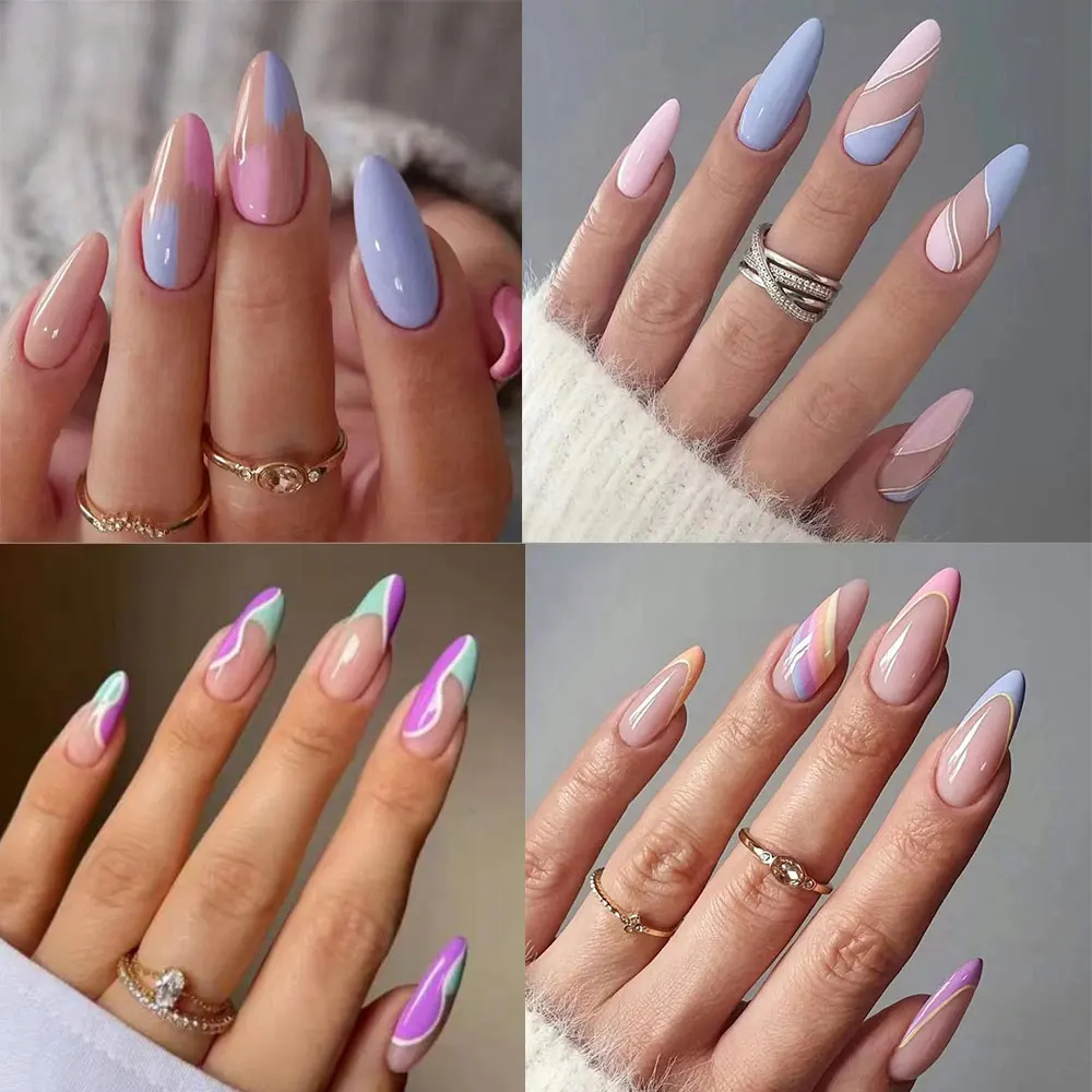 Simple French Wearable False Nails Almond Colorful Stripes Colorblock Design Manicure Fake Nails Line Full Cover Press On Nail - Image 2