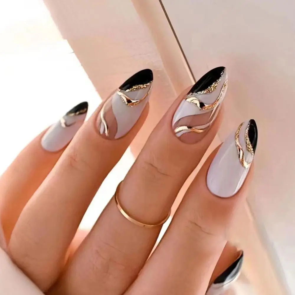 Simple French Wearable False Nails Almond Colorful Stripes Colorblock Design Manicure Fake Nails Line Full Cover Press On Nail - Image 5