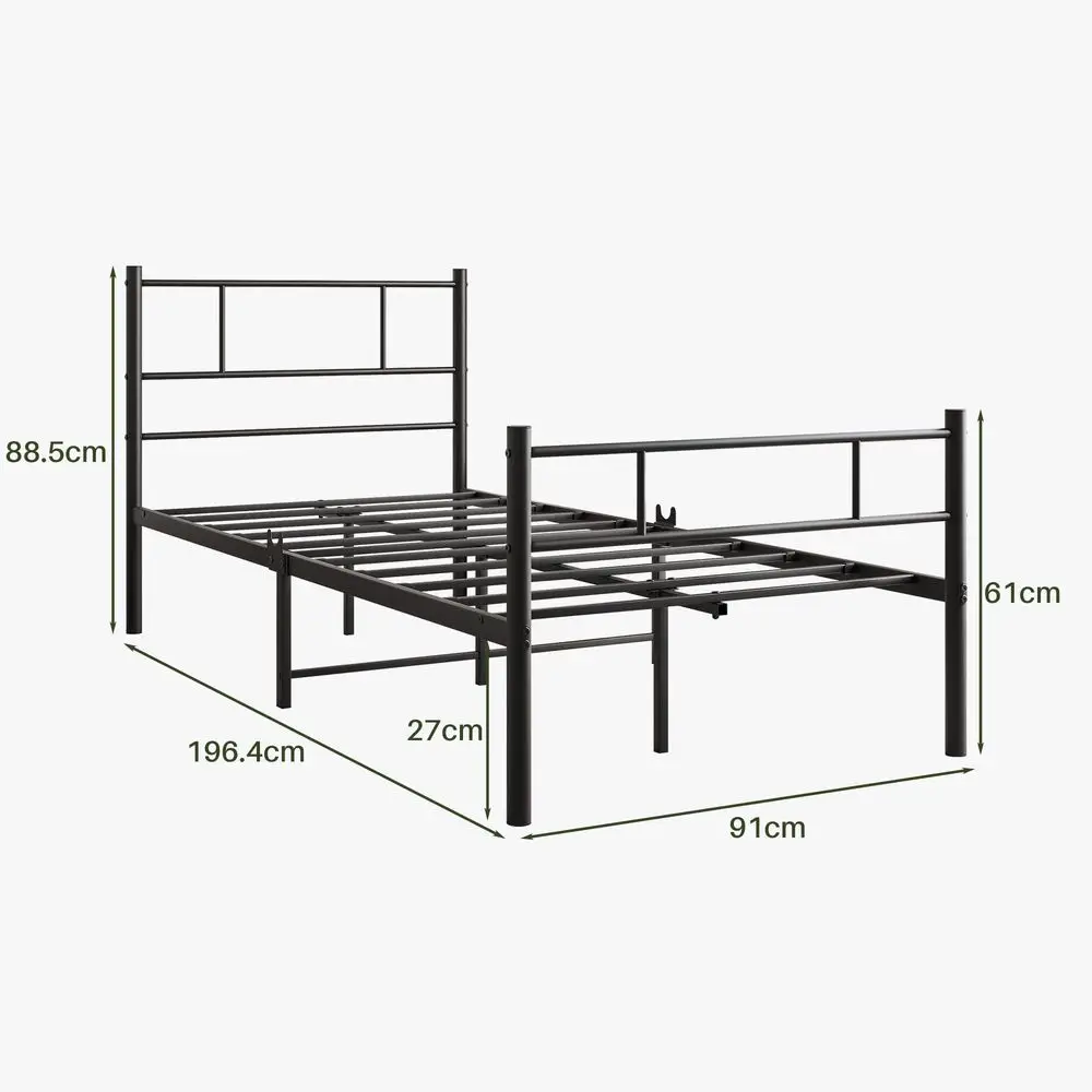 Single Bed Frame with Headboard,Solid Slatted Bed Base,Strong Iron Bedstead For Adults,Underbed Storage Space,Black - Image 2